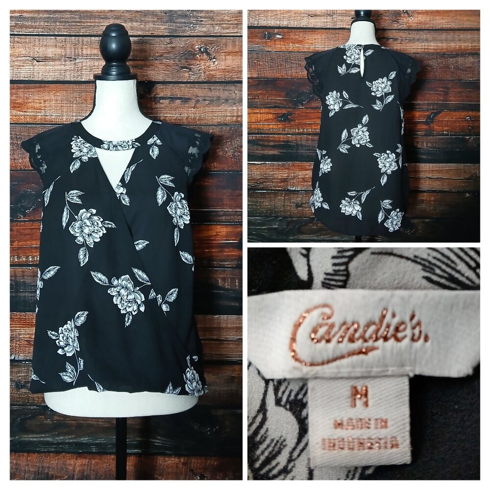 Candies Top M Black White Floral Lace Cap Sleeve Keyhole Cutout